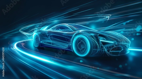 A sleek, futuristic car is depicted in neon blue light trails, showcasing speed and innovation against a dark background.
