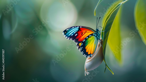 metamorphosis butterfly emerge from cocoon green leaves nature transformation growth copy space