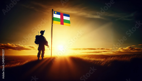 A soldier standing beside the Central African Republic flag at sunset, symbolizing courage and dedication to the nation photo