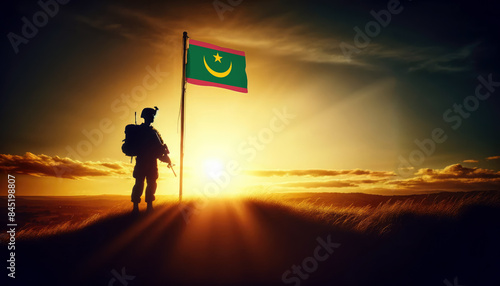 A soldier standing beside the Mauritania flag at sunset, symbolizing courage and dedication to the nation photo