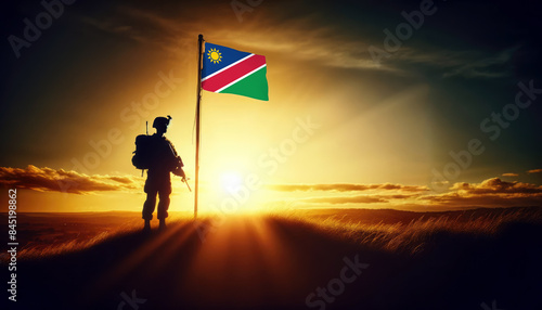 A soldier standing beside the Namibia flag at sunset, symbolizing courage and dedication to the nation
