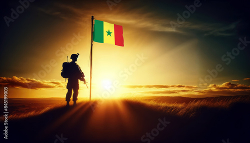 A soldier standing beside the Senegal flag at sunset, symbolizing courage and dedication to the nation photo