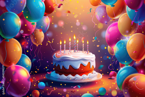 Colorful balloons and a cake with candles, perfect for a birthday party