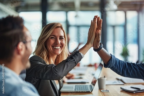 Businesswoman giving a high five to male colleague in meeting. ai generated
