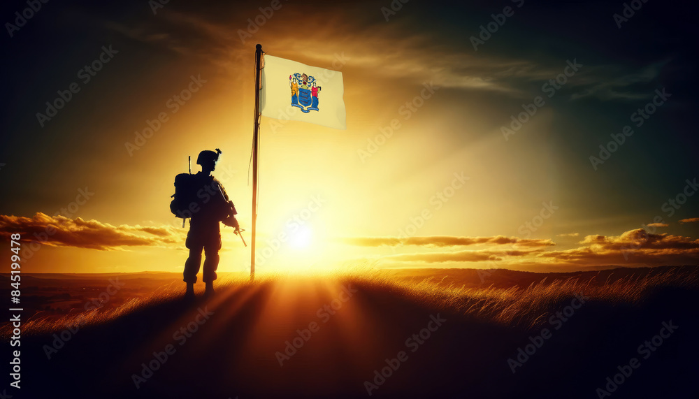 Fototapeta premium A soldier standing beside the New Jersey flag at sunset, symbolizing courage and dedication to the nation