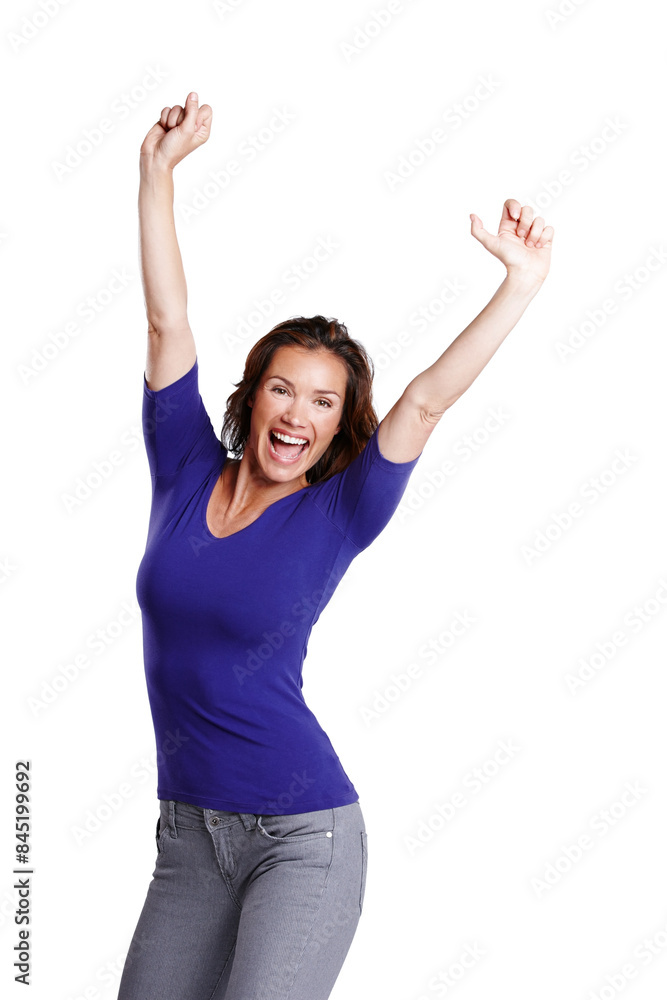 Winner, excited and portrait of woman for achievement or success in studio with smile and pride. Celebrate, female person and wow emoji for good news and review by white background for mockup space Winner, excited and portrait of woman for achievement or success in studio with smile and pride. Celebrate, female person and wow emoji for good news and review by white background for mockup space