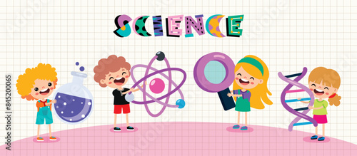 Cartoon Children Holding Science Equipments