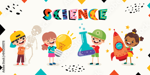 Cartoon Children Holding Science Equipments
