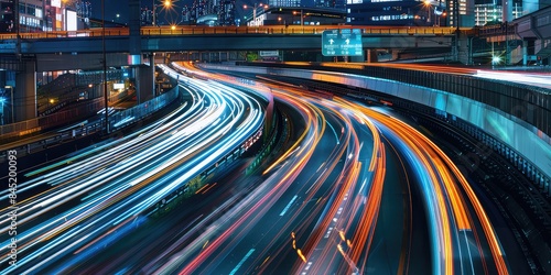Fast-Moving Traffic at Night  Light Streaks on the Highway  Urban Speed and Motion  Cityscape in the Background