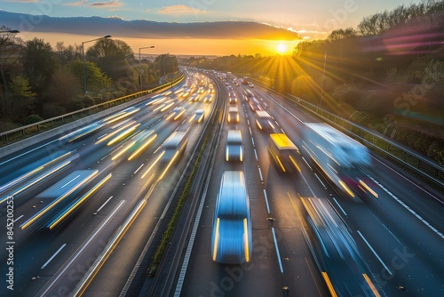 Heavy traffic moving at speed on motorway at sunset motion blur