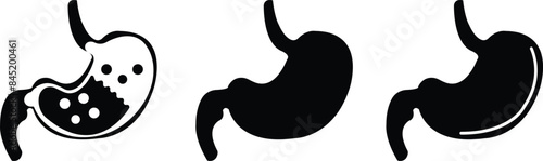 Set of Digestive system anatomy. Black colors Stomach gastric icons. Human internal organs symbols. Stomach oncology procedure signs collection in fill styles isolated on transparent background.