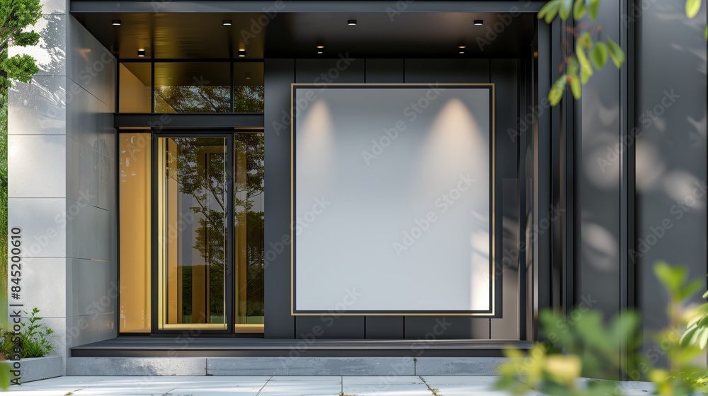 Modern building facade with a blank framed ad display, lit by spotlights. Exterior setting, surrounded by greenery. Generative AI Modern building facade with a blank framed ad display, lit by spotlights. Exterior setting, surrounded by greenery. Generative AI