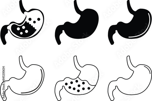 Set of Digestive system anatomy. Black colors Stomach gastric icons. Human internal organs symbols. Stomach oncology procedure signs in flat styles editable stock isolated on transparent background.