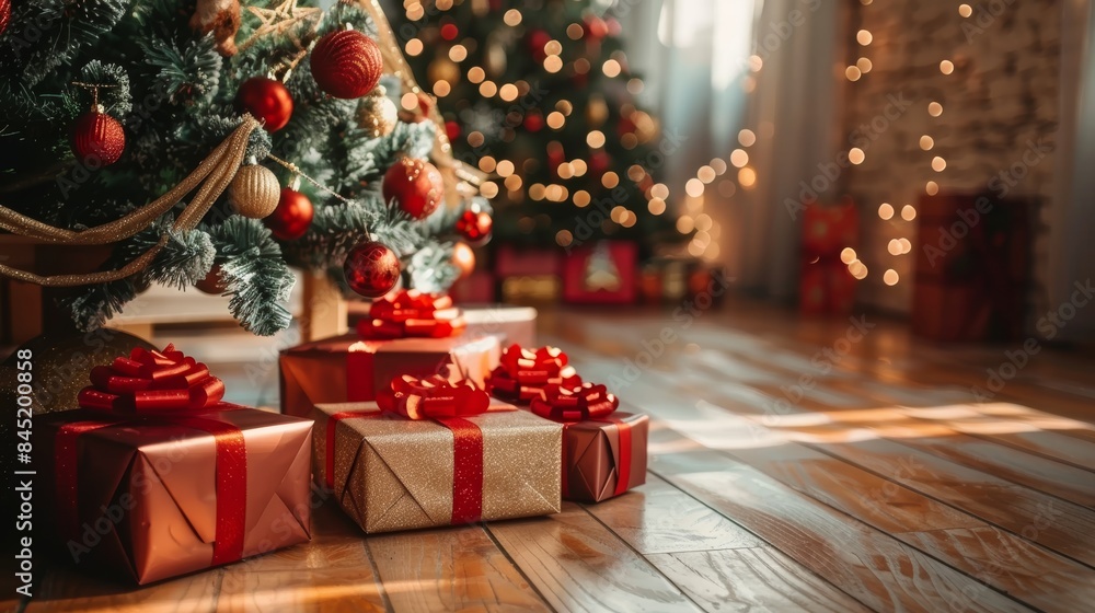 Stylish christmas gift boxes beautifully displayed next to a decorated tree in a room Stylish christmas gift boxes beautifully displayed next to a decorated tree in a room