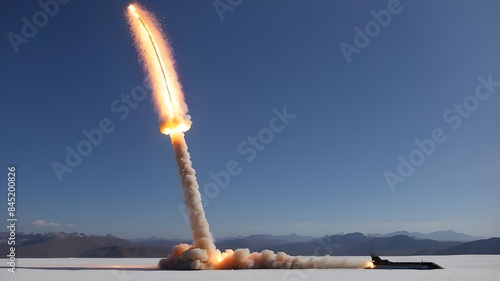 An lone missile trailing flames on a clear backdrop