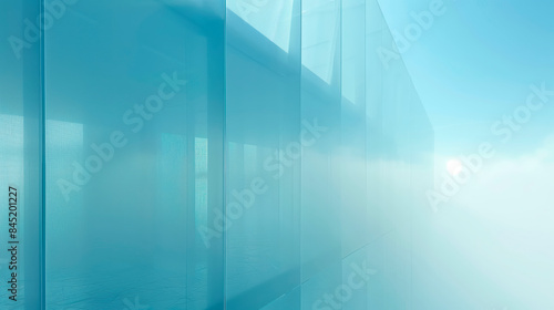 Translucent modern building facade with reflective glass against a soft misty sky background. Concept of contemporary architecture. Generative AI