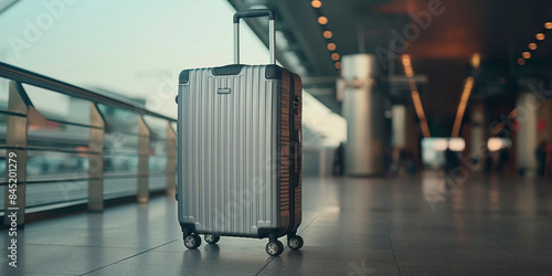Silver suitcase on wheels in an airport terminal, with a blurred background indicating bright lights. Ideal for travel and airport concepts. Generative AI