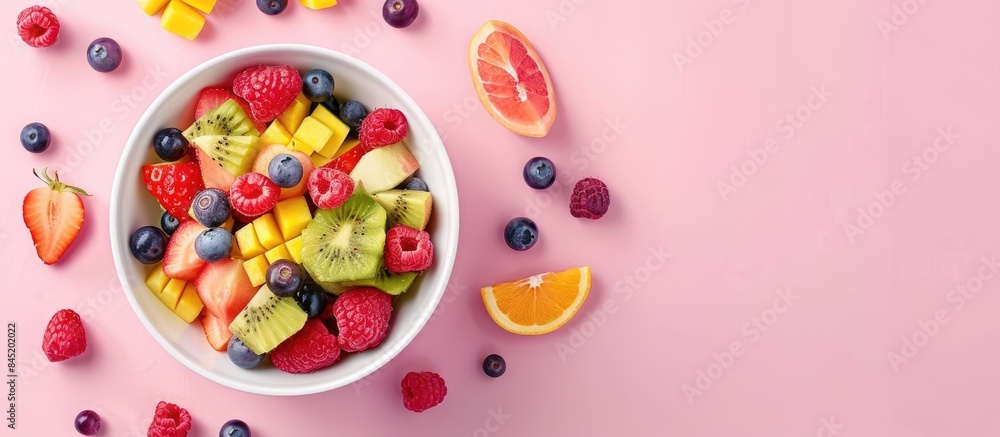 Fresh fruit salad in a bowl on a pink background from above. Fresh fruit salad in a bowl on a pink background from above.