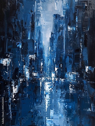 Abstract blue cityscape, oil painting, with thick brush strokes and high contrast between dark blue and light silver colors. Reflections of city lights on water surface. urban landscape. generative AI