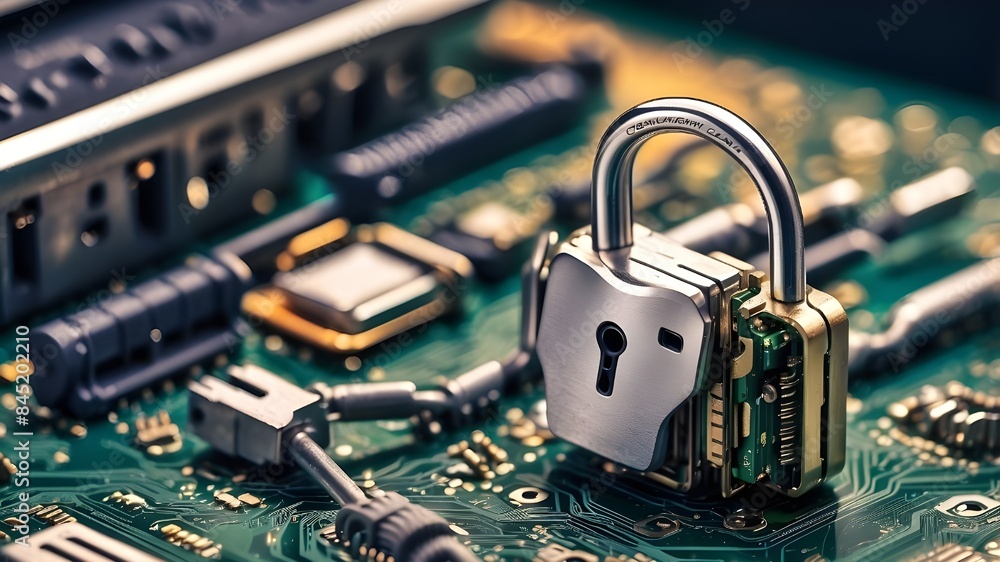 cybersecurity services or a secure connection concept of a broad banner design including a close-up of the computer motherboard and a safety lock with login and validated credentials - Generative cybersecurity services or a secure connection concept of a broad banner design including a close-up of the computer motherboard and a safety lock with login and validated credentials - Generative