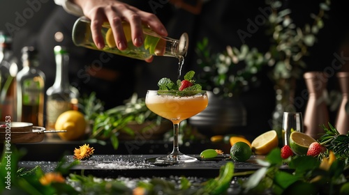 Barman is adding the final touch to a delicious-looking cocktail. The cocktail is in a fancy glass and is surrounded by fresh fruit and greenery.