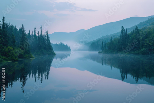 A calm lake reflecting the surrounding forest and mountains at dawn