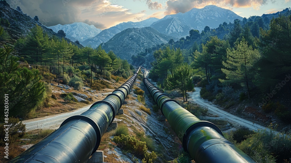 A black plastic gas pipe running through a mountainous forest. The pipe is partly visual above ground. Generative AI. A black plastic gas pipe running through a mountainous forest. The pipe is partly visual above ground. Generative AI.