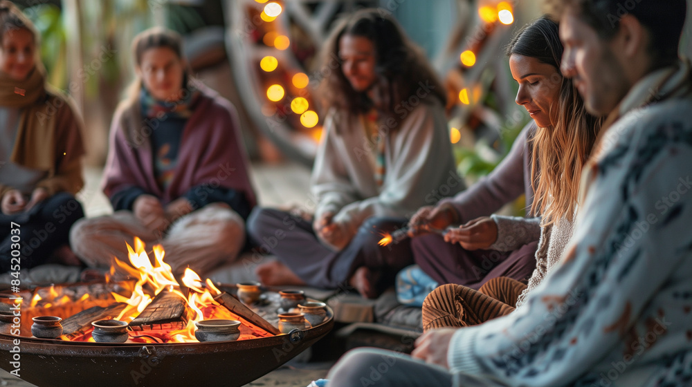 a of a group of people gathered around a fire pit, creating a new ritual that blends elements of storytelling and meditation from different religious traditions, rit a of a group of people gathered around a fire pit, creating a new ritual that blends elements of storytelling and meditation from different religious traditions, rit