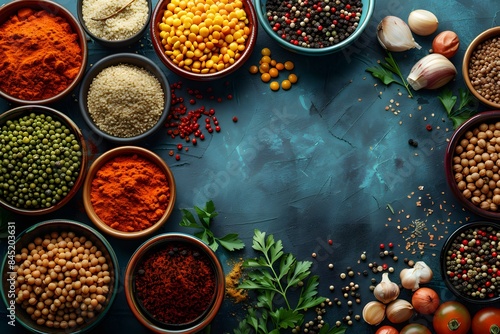 Culinary Spices Variety: Assorted Herbs, Seasonings and Fresh Ingredients on Rustic Blue Background