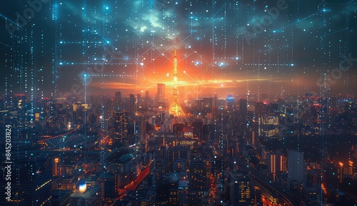 Modern city with wireless network connection and city scape concept. Wireless network and Connection technology concept with city background at night.