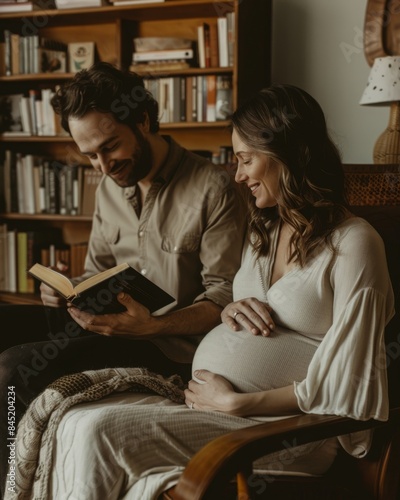 Happy young couple reading a book together while sitting on a rocking chair in the living room.