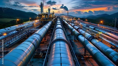 A pipeline transport system at dusk, with lights illuminating the pipes as they snake through an industrial zone