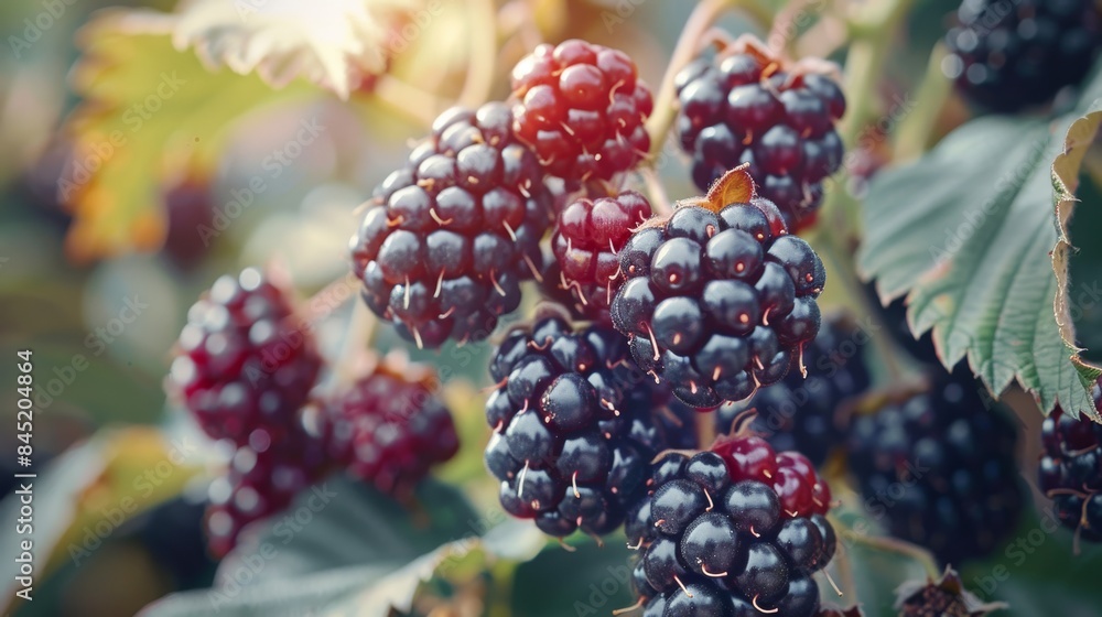 On a branch are blackberries arranged in a bunch. Generative AI. On a branch are blackberries arranged in a bunch. Generative AI.