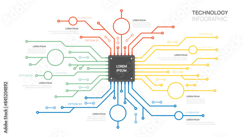 Infographic Circuit board technology template. 4 step design, digital marketing data, presentation vector infographics.