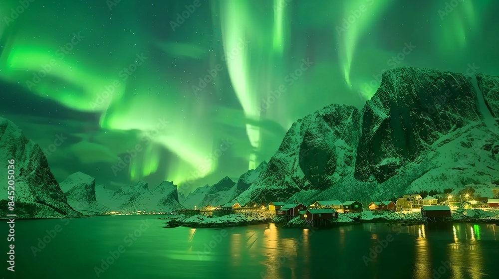 The Aurora Borealis, also known as the Northern Lights, shimmering over Hamnoy in Norway.