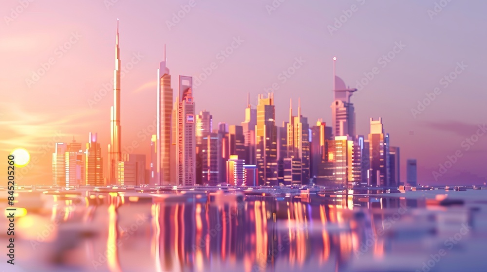 A 3D conceptual background of Dubai city, featuring the stunning city center skyline with luxury skyscrapers at sunrise in the United Arab Emirates.