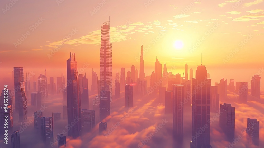 Fototapeta premium A 3D conceptual background of Dubai city, featuring the stunning city center skyline with luxury skyscrapers at sunrise in the United Arab Emirates.