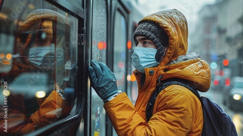 Man boarding bus with protective mask and gloves. Generative AI.