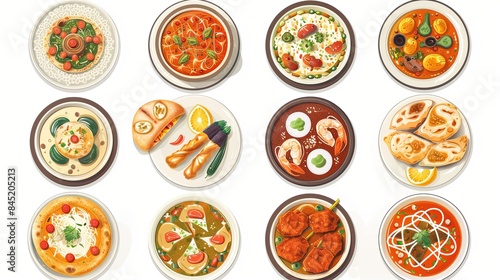 A top view of a set of Desi, Indian traditional foods, including pizza, hummus, biryani, chicken curry, momos, tikka, korma, and samosas. This food collection set is isolated on a white background.