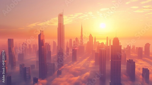 A 3D conceptual background of Dubai city, featuring the stunning city center skyline with luxury skyscrapers at sunrise in the United Arab Emirates. © Yusif