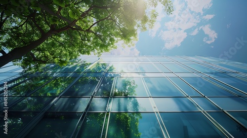 A modern cityscape featuring an eco-friendly building. This sustainable glass office building incorporates a tree for reducing heat and carbon dioxide, creating a green environment.