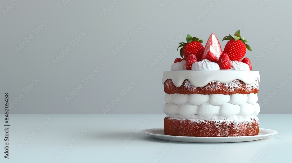 3D rendering of a delicious strawberry cake with white frosting and fresh strawberries on top.