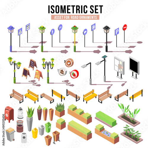 isometric individual asset design to build isometric graphic design for road and ornaments on it