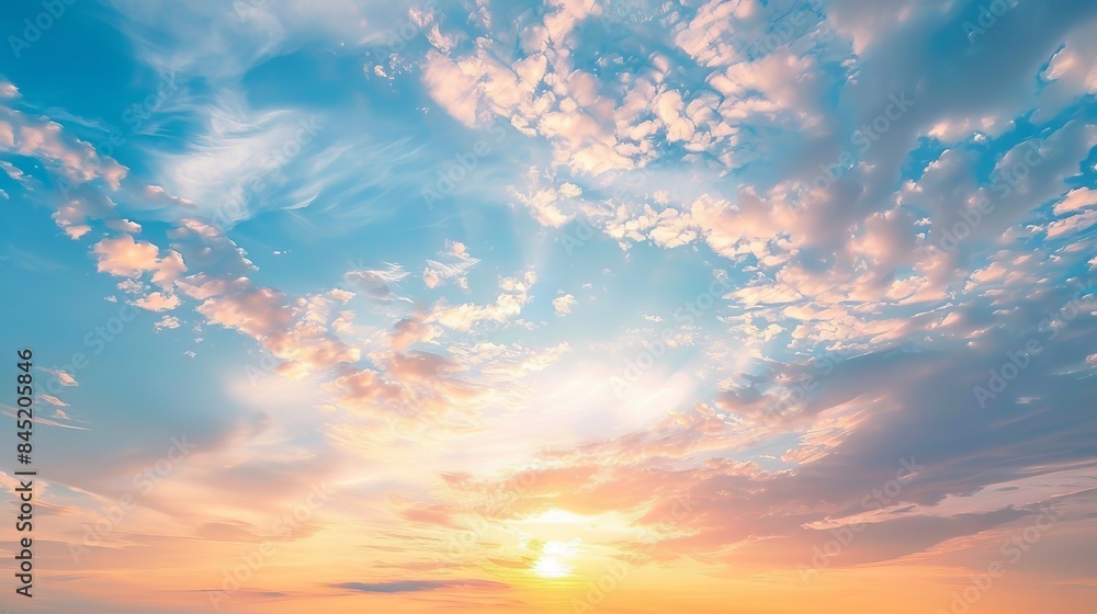 Fototapeta premium A real majestic sunrise or sunset sky background with gently colorful clouds, devoid of birds. This panoramic image is in a big size, ideal for various uses.