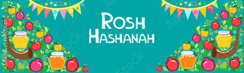 Rosh hashanah (jewish New Year holiday) concept. Traditional symbols. Template for postcard or invitation card, poster, banner. Horizont banner. Greeting, invitation card or flyer. Vector illustration