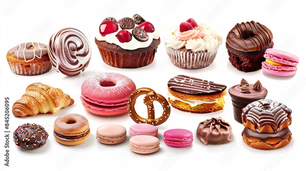 A collection of various sweets and desserts including chocolate cake, cupcakes, red velvet cake, apple pie, macarons, pretzels, donuts, pastries, muffins, cookies, and croissants. A collection of various sweets and desserts including chocolate cake, cupcakes, red velvet cake, apple pie, macarons, pretzels, donuts, pastries, muffins, cookies, and croissants.