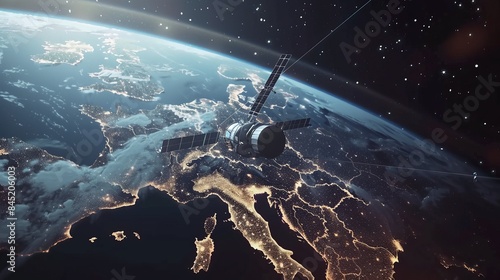 A telecommunications satellite providing global internet and high-speed data communication above Europe. 