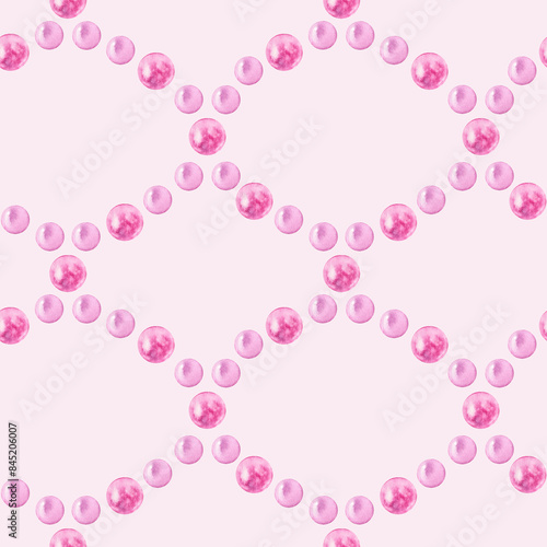Seamless pattern of watercolor shiny pink pearls jewelry. Hand drawn illustration. Glamour, marine, tropical theme. Hand painted elements on pink background. For fabric, wrapping, wallpaper, decor