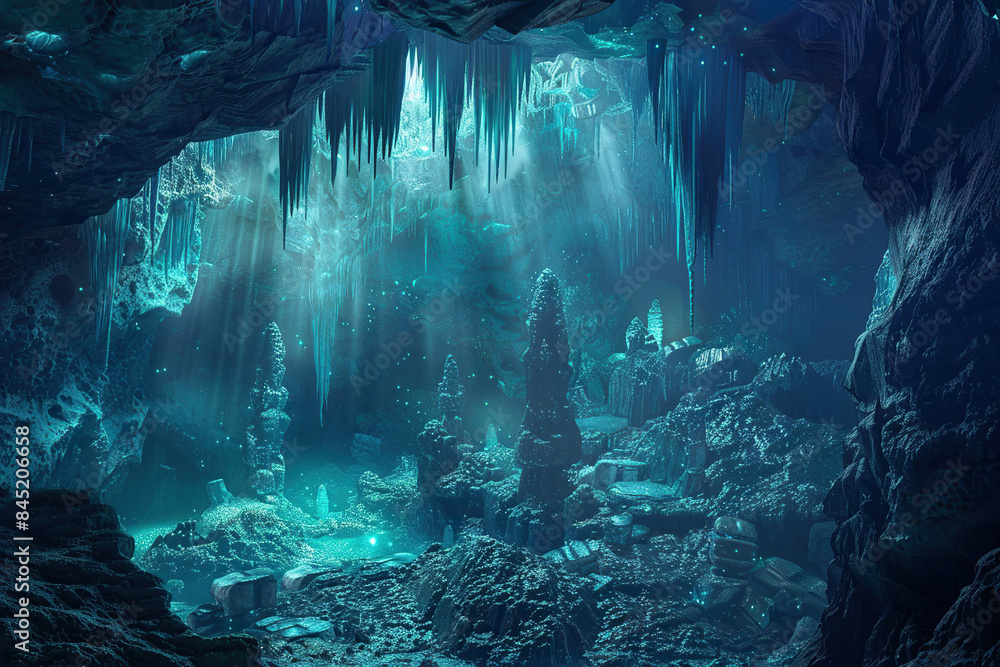 Generative ai on theme of a large beautiful sharp stalactites hanging down from deep mountain cave Generative ai on theme of a large beautiful sharp stalactites hanging down from deep mountain cave