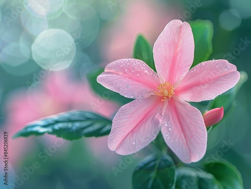 A closeup of a vibrant pink jasmine flower with a softly outoffocus nature background